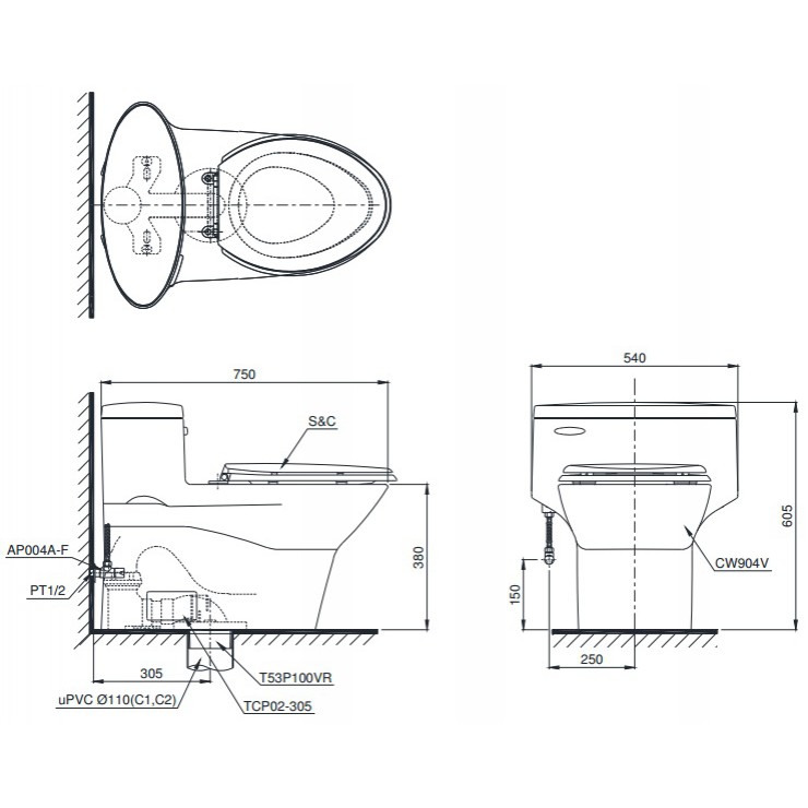 Bồn cầu một khối TOTO MS904T2 bản vẽ